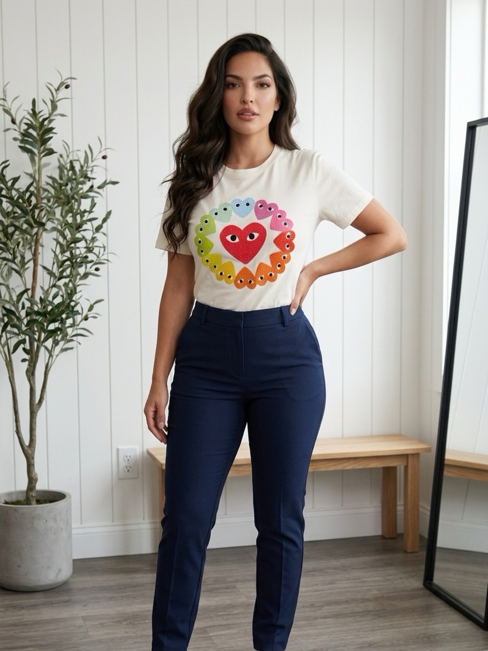 Colorful multiple hearts shirt in cream, in black available too